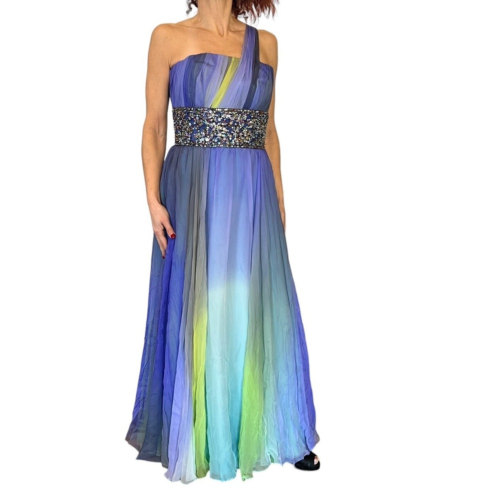FRANK TIGNINO PURPLE SILK CHIFFON BEADED GOWN DRESS HOLLYWOOD GLAMOUR ROMANTIC M
